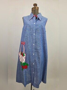 Models Coat Vintage 60's Women's Apple Basket Appliqué Navy House Coat Dress 16